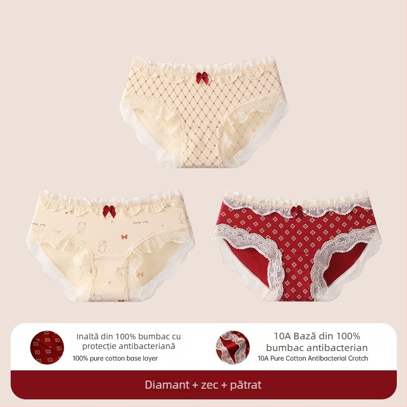 Chiloți triunghi din bumbac cu dantelă pentru adolescente – antibacteriale, 95-100% bumbac, talie medie, model floral, zodiacul calului