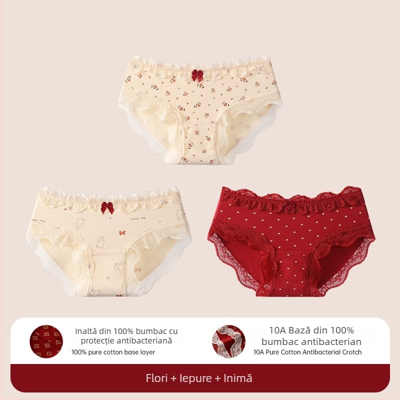 Chiloți triunghi din bumbac cu dantelă pentru adolescente – antibacteriale, 95-100% bumbac, talie medie, model floral, zodiacul calului