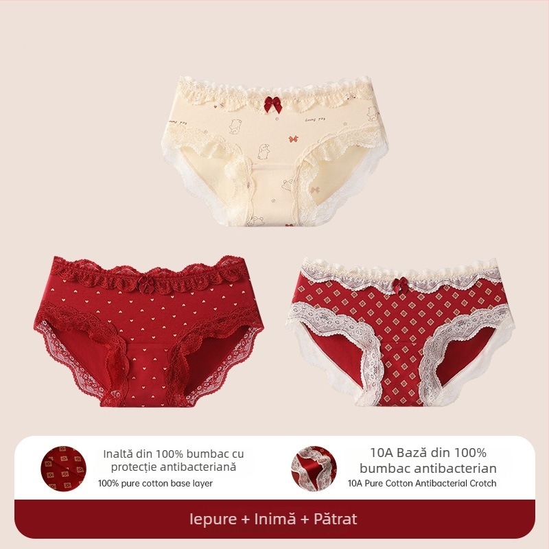 Chiloți triunghi din bumbac cu dantelă pentru adolescente – antibacteriale, 95-100% bumbac, talie medie, model floral, zodiacul calului