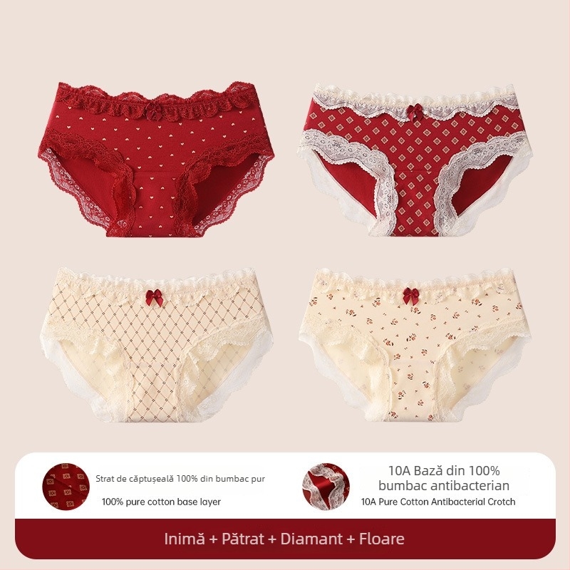 Chiloți triunghi din bumbac cu dantelă pentru adolescente – antibacteriale, 95-100% bumbac, talie medie, model floral, zodiacul calului