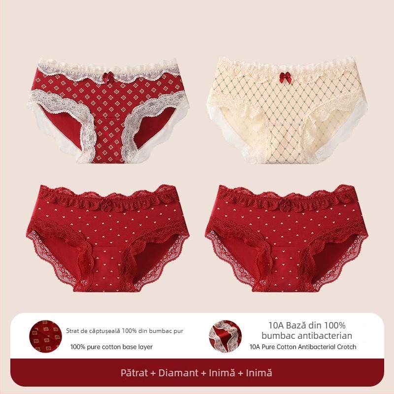 Chiloți triunghi din bumbac cu dantelă pentru adolescente – antibacteriale, 95-100% bumbac, talie medie, model floral, zodiacul calului