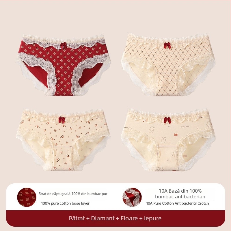 Chiloți triunghi din bumbac cu dantelă pentru adolescente – antibacteriale, 95-100% bumbac, talie medie, model floral, zodiacul calului