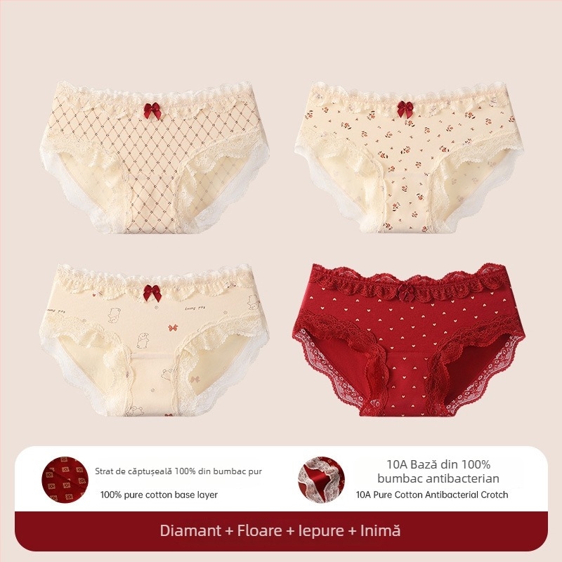 Chiloți triunghi din bumbac cu dantelă pentru adolescente – antibacteriale, 95-100% bumbac, talie medie, model floral, zodiacul calului