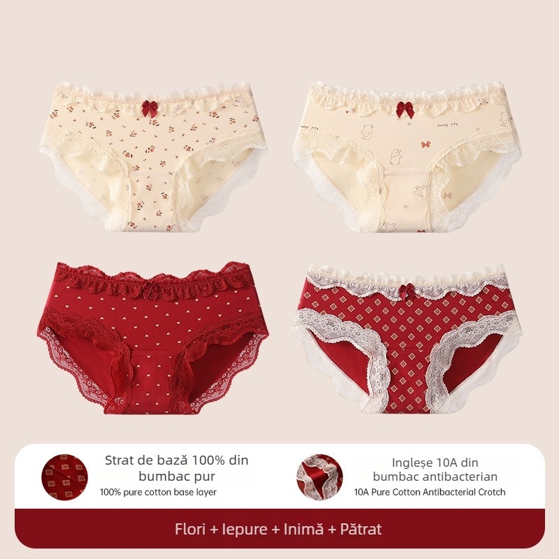 Chiloți triunghi din bumbac cu dantelă pentru adolescente – antibacteriale, 95-100% bumbac, talie medie, model floral, zodiacul calului