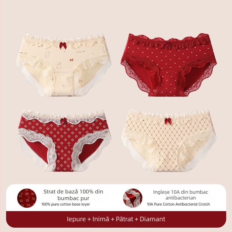 Chiloți triunghi din bumbac cu dantelă pentru adolescente – antibacteriale, 95-100% bumbac, talie medie, model floral, zodiacul calului