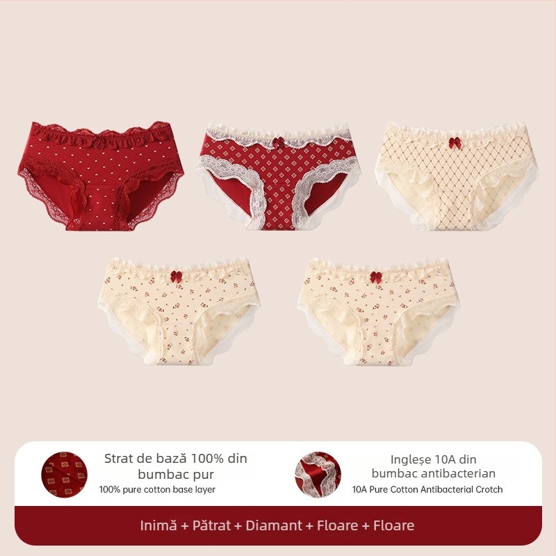 Chiloți triunghi din bumbac cu dantelă pentru adolescente – antibacteriale, 95-100% bumbac, talie medie, model floral, zodiacul calului