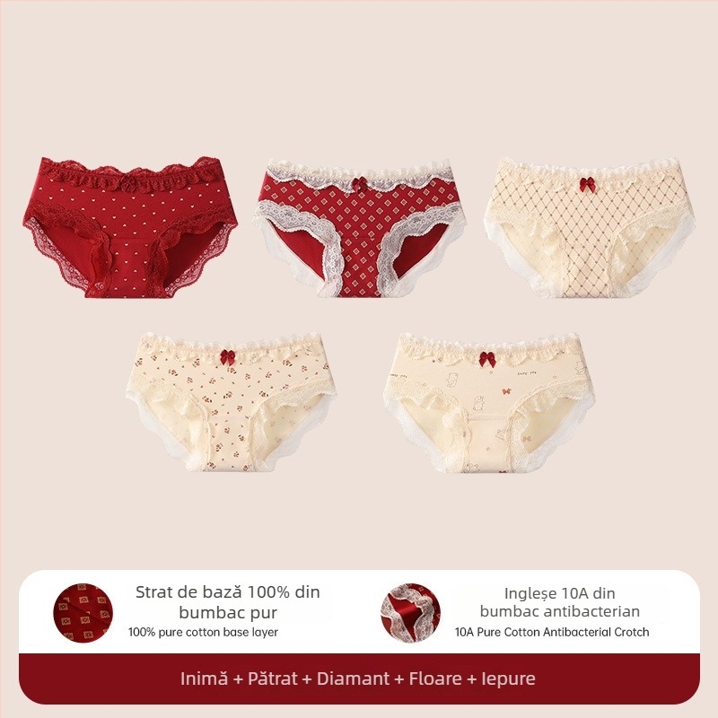 Chiloți triunghi din bumbac cu dantelă pentru adolescente – antibacteriale, 95-100% bumbac, talie medie, model floral, zodiacul calului