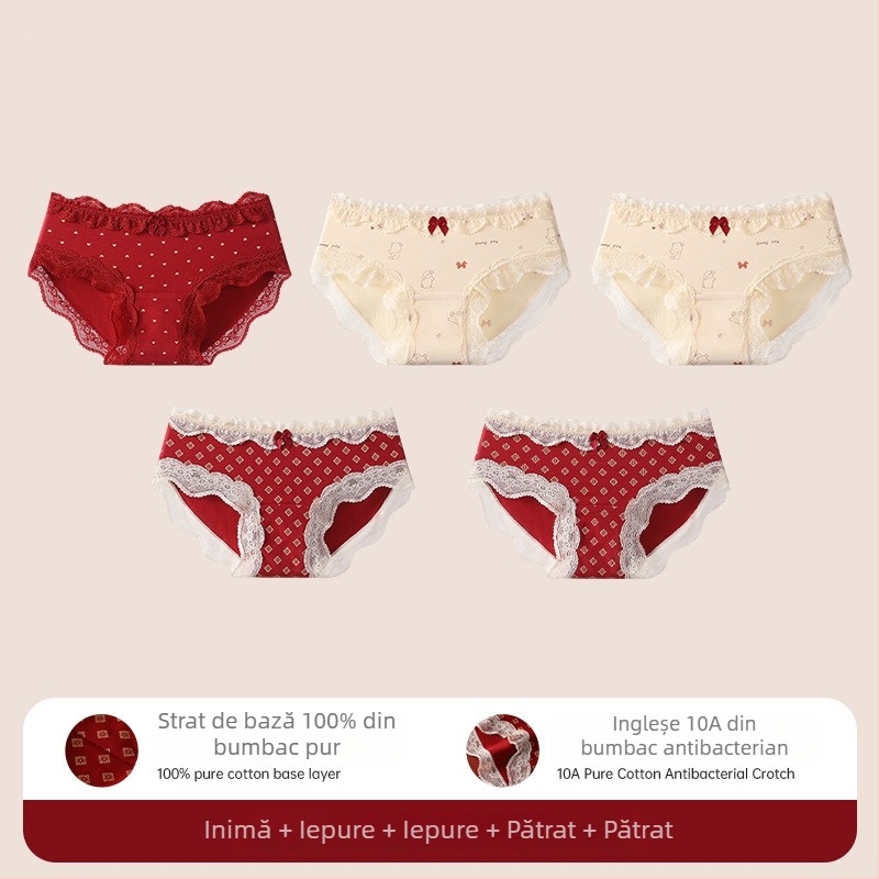 Chiloți triunghi din bumbac cu dantelă pentru adolescente – antibacteriale, 95-100% bumbac, talie medie, model floral, zodiacul calului