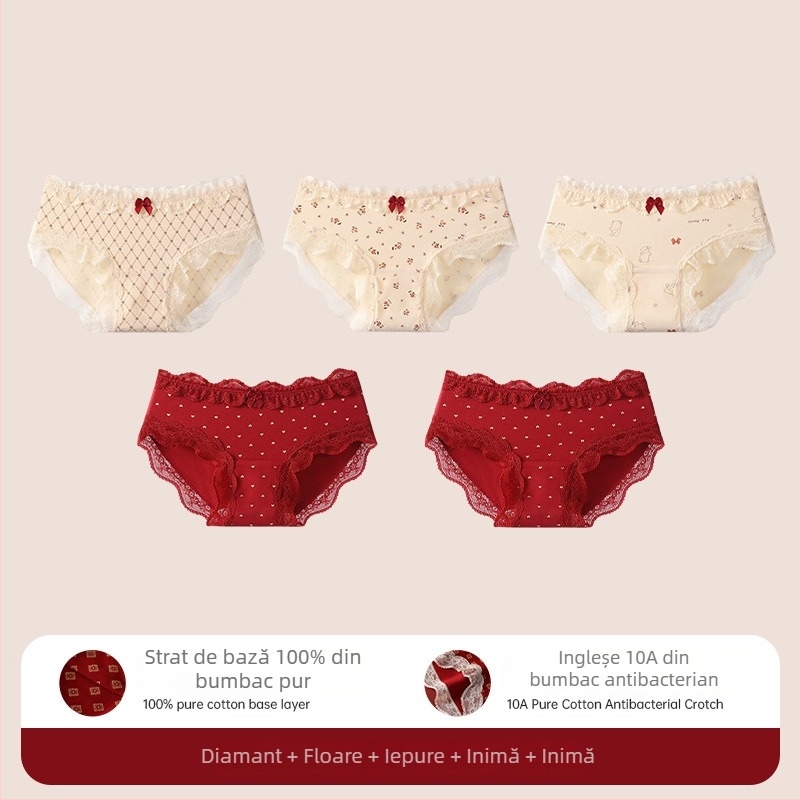 Chiloți triunghi din bumbac cu dantelă pentru adolescente – antibacteriale, 95-100% bumbac, talie medie, model floral, zodiacul calului