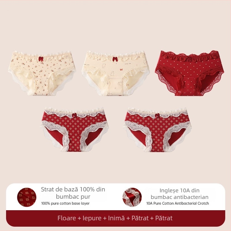 Chiloți triunghi din bumbac cu dantelă pentru adolescente – antibacteriale, 95-100% bumbac, talie medie, model floral, zodiacul calului