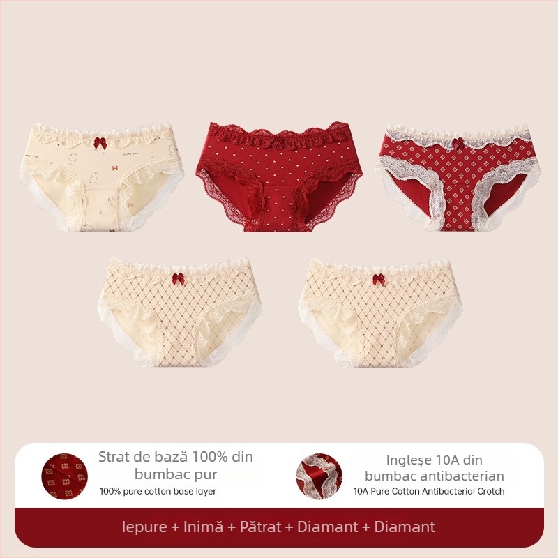 Chiloți triunghi din bumbac cu dantelă pentru adolescente – antibacteriale, 95-100% bumbac, talie medie, model floral, zodiacul calului