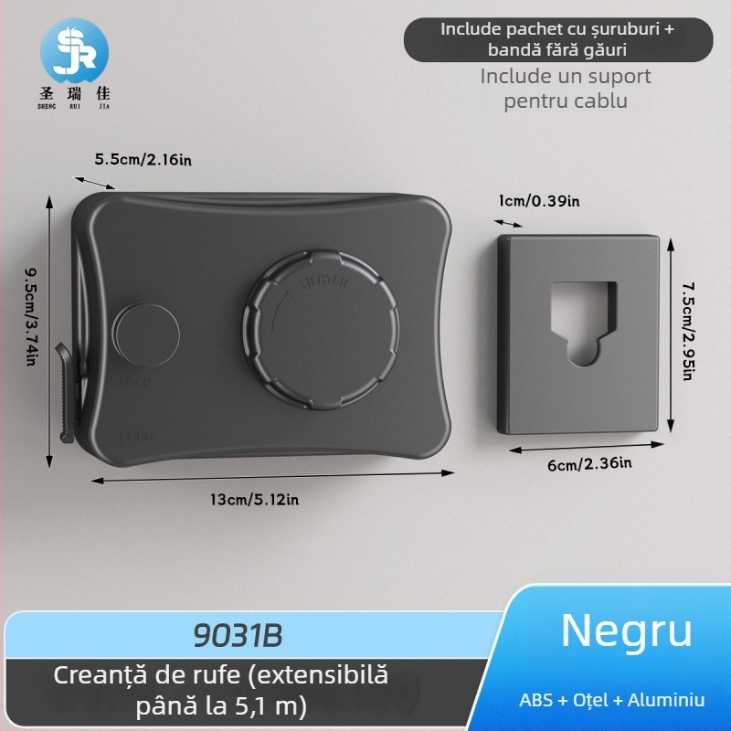 Linie retractabilă de uscat haine, fără găuri, montată pe perete, invizibilă, pentru interior/balcon – ABS + aliaj de aluminiu + sârmă de oțel