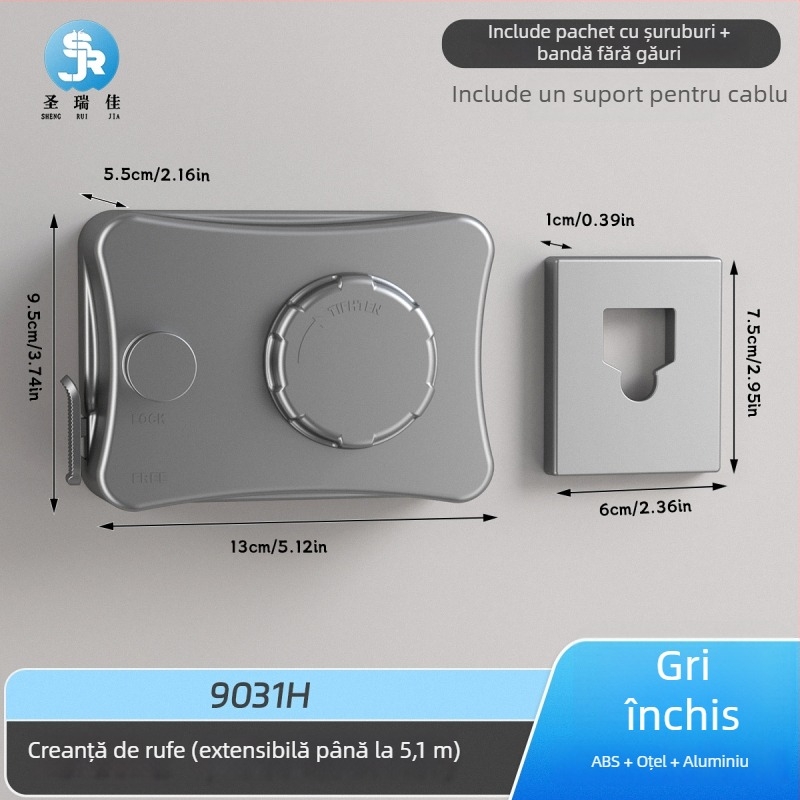 Linie retractabilă de uscat haine, fără găuri, montată pe perete, invizibilă, pentru interior/balcon – ABS + aliaj de aluminiu + sârmă de oțel