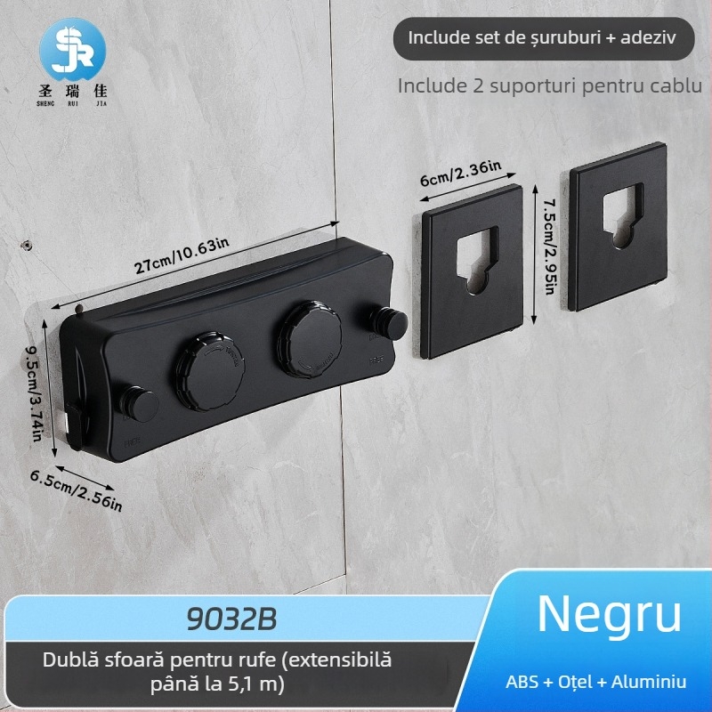 Linie retractabilă de uscat haine, fără găuri, montată pe perete, invizibilă, pentru interior/balcon – ABS + aliaj de aluminiu + sârmă de oțel