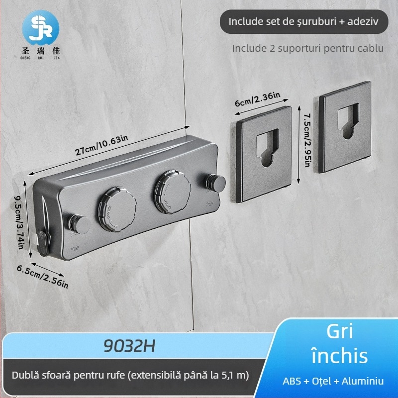 Linie retractabilă de uscat haine, fără găuri, montată pe perete, invizibilă, pentru interior/balcon – ABS + aliaj de aluminiu + sârmă de oțel