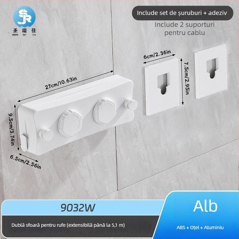 Linie retractabilă de uscat haine, fără găuri, montată pe perete, invizibilă, pentru interior/balcon – ABS + aliaj de aluminiu + sârmă de oțel