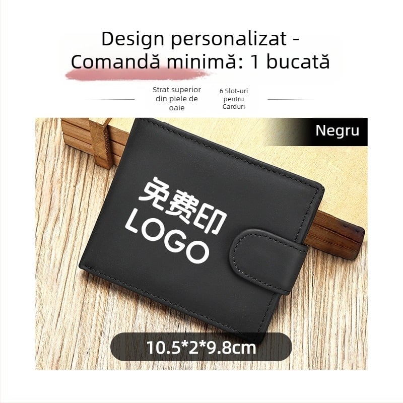 Portofel bărbătește din piele naturală, scurt, din piele de vițel, cu 2 pliuri, culoare solidă, căptuială poliester-cotton, rezistent la uzură și extensibil