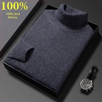 Pulover bărbătesc din lână 100% cu guler înalt, negru, iarnă, stil business casual