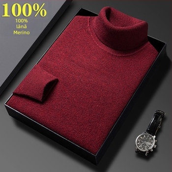 Pulover bărbătesc din lână 100% cu guler înalt, negru, iarnă, stil business casual
