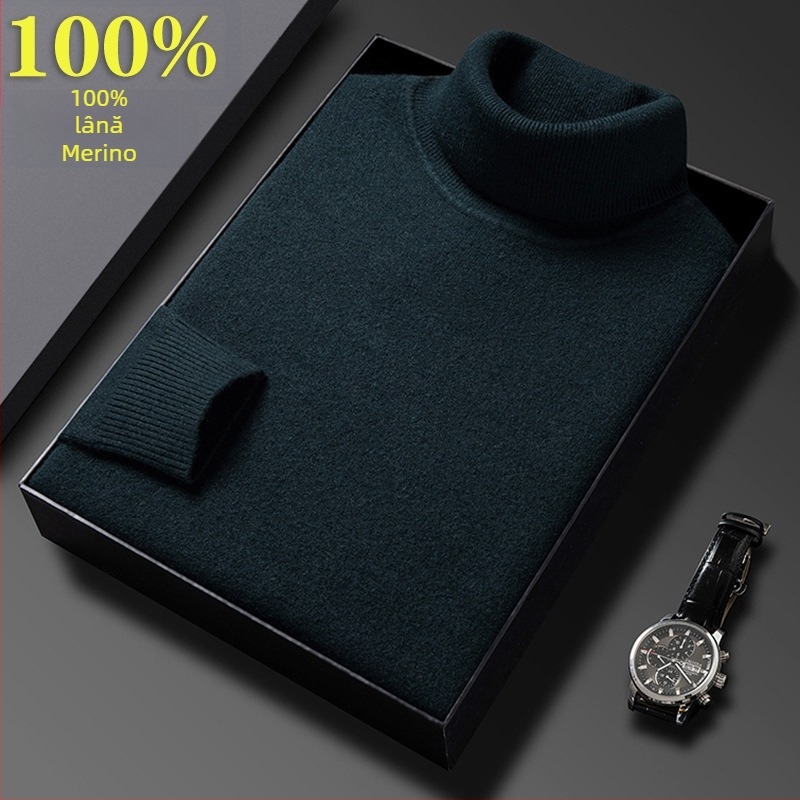 Pulover bărbătesc din lână 100% cu guler înalt, negru, iarnă, stil business casual