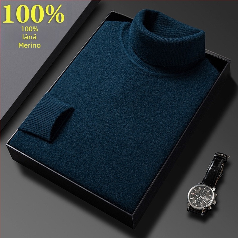Pulover bărbătesc din lână 100% cu guler înalt, negru, iarnă, stil business casual