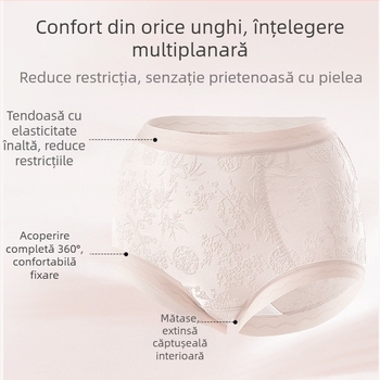 Chiloți femei din dantelă, talie înaltă, respirabili și antibacterieni; material principal 80–90% nylon; căptușeală croi 90–95% viscose; model cu flori rupte