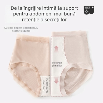 Chiloți femei din dantelă, talie înaltă, respirabili și antibacterieni; material principal 80–90% nylon; căptușeală croi 90–95% viscose; model cu flori rupte