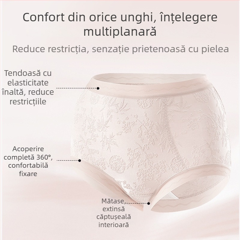 Chiloți femei din dantelă, talie înaltă, respirabili și antibacterieni; material principal 80–90% nylon; căptușeală croi 90–95% viscose; model cu flori rupte