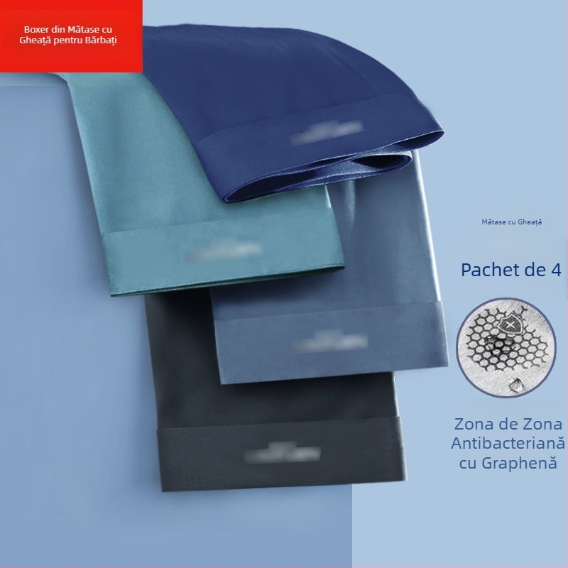 Boxeri bărbați din ice silk cu grafen antibacterian, uscare rapidă și respirabili, țesătură tricot poliester, talie medie