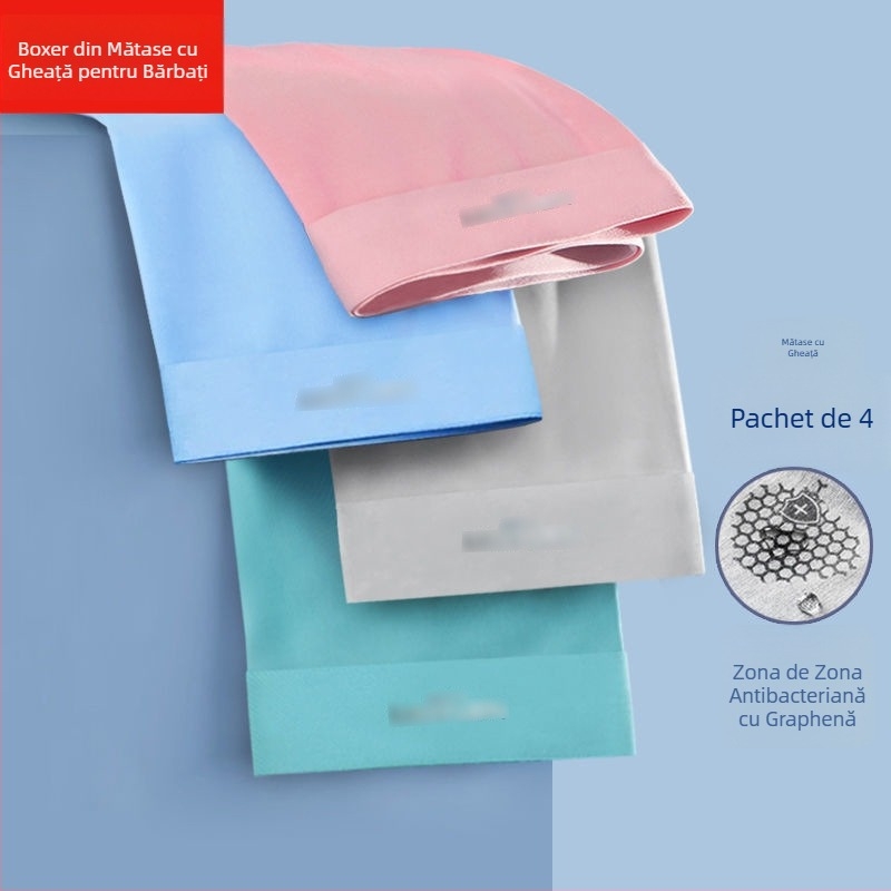 Boxeri bărbați din ice silk cu grafen antibacterian, uscare rapidă și respirabili, țesătură tricot poliester, talie medie