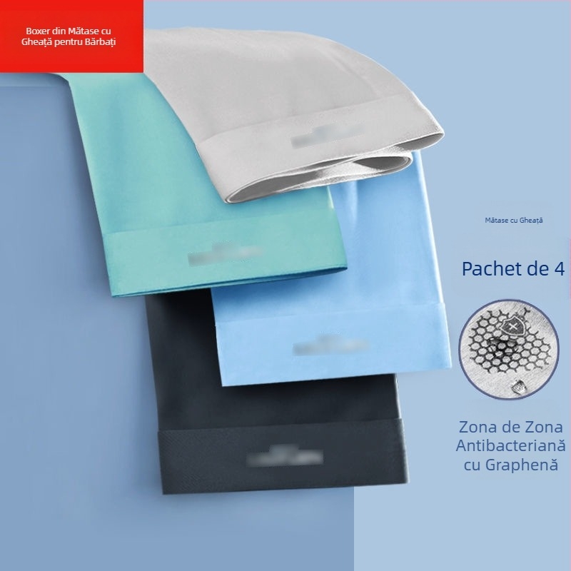 Boxeri bărbați din ice silk cu grafen antibacterian, uscare rapidă și respirabili, țesătură tricot poliester, talie medie