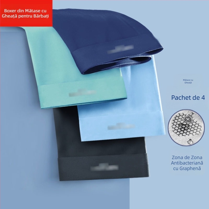 Boxeri bărbați din ice silk cu grafen antibacterian, uscare rapidă și respirabili, țesătură tricot poliester, talie medie