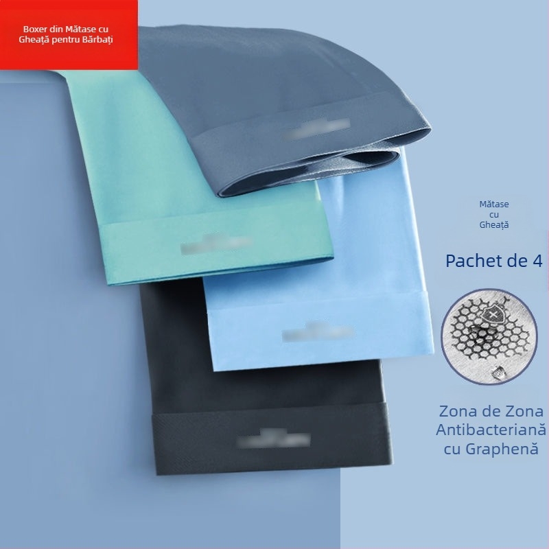 Boxeri bărbați din ice silk cu grafen antibacterian, uscare rapidă și respirabili, țesătură tricot poliester, talie medie