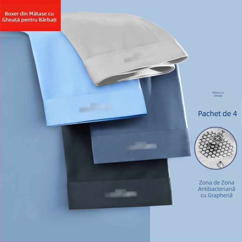 Boxeri bărbați din ice silk cu grafen antibacterian, uscare rapidă și respirabili, țesătură tricot poliester, talie medie