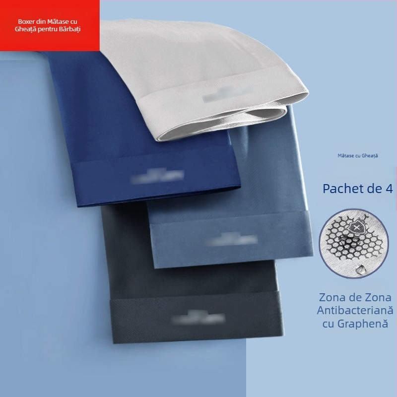 Boxeri bărbați din ice silk cu grafen antibacterian, uscare rapidă și respirabili, țesătură tricot poliester, talie medie
