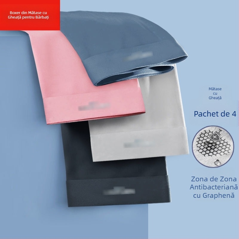 Boxeri bărbați din ice silk cu grafen antibacterian, uscare rapidă și respirabili, țesătură tricot poliester, talie medie