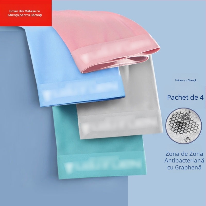 Boxeri bărbați din ice silk cu grafen antibacterian, uscare rapidă și respirabili, țesătură tricot poliester, talie medie