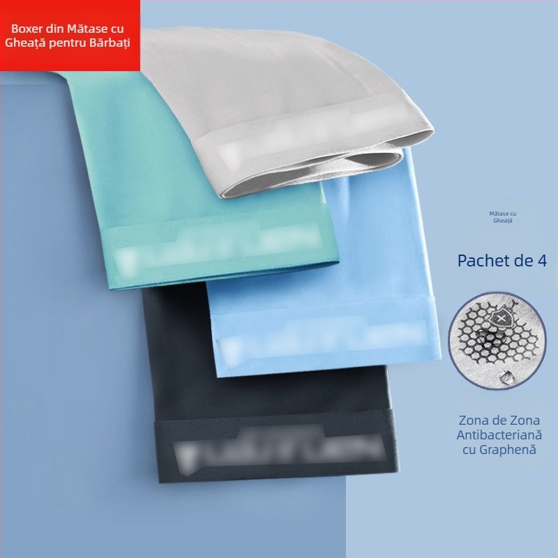 Boxeri bărbați din ice silk cu grafen antibacterian, uscare rapidă și respirabili, țesătură tricot poliester, talie medie
