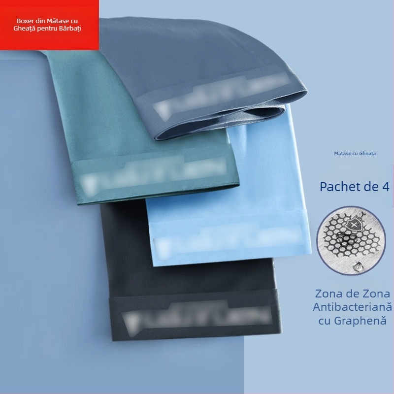 Boxeri bărbați din ice silk cu grafen antibacterian, uscare rapidă și respirabili, țesătură tricot poliester, talie medie
