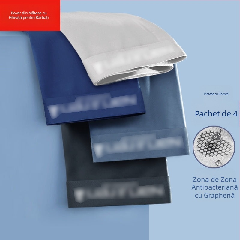 Boxeri bărbați din ice silk cu grafen antibacterian, uscare rapidă și respirabili, țesătură tricot poliester, talie medie