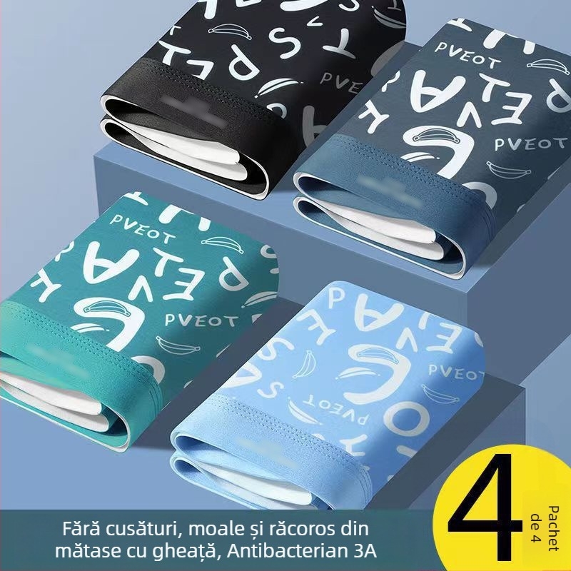 Boxeri bărbați din ice silk cu grafen antibacterian, uscare rapidă și respirabili, țesătură tricot poliester, talie medie