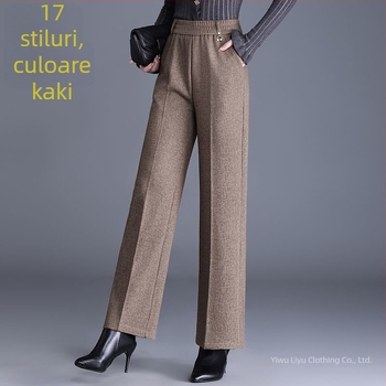 Pantaloni de damă drepți pentru toamnă-iarnă, talie înaltă, cu buzunare, țesătură țesută cu 70–80% lână, finisaj mercerizat.