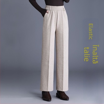Pantaloni de damă drepți pentru toamnă-iarnă, talie înaltă, cu buzunare, țesătură țesută cu 70–80% lână, finisaj mercerizat.
