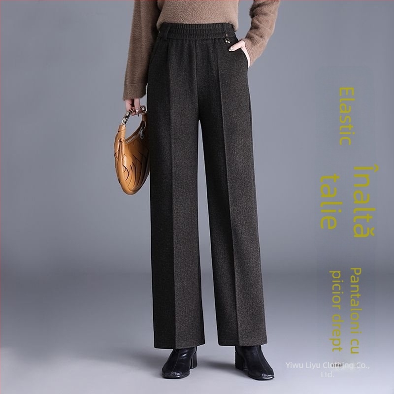 Pantaloni de damă drepți pentru toamnă-iarnă, talie înaltă, cu buzunare, țesătură țesută cu 70–80% lână, finisaj mercerizat.
