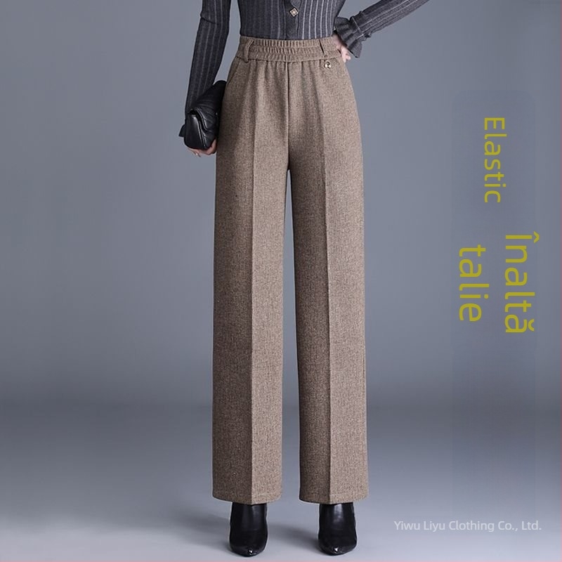 Pantaloni de damă drepți pentru toamnă-iarnă, talie înaltă, cu buzunare, țesătură țesută cu 70–80% lână, finisaj mercerizat.