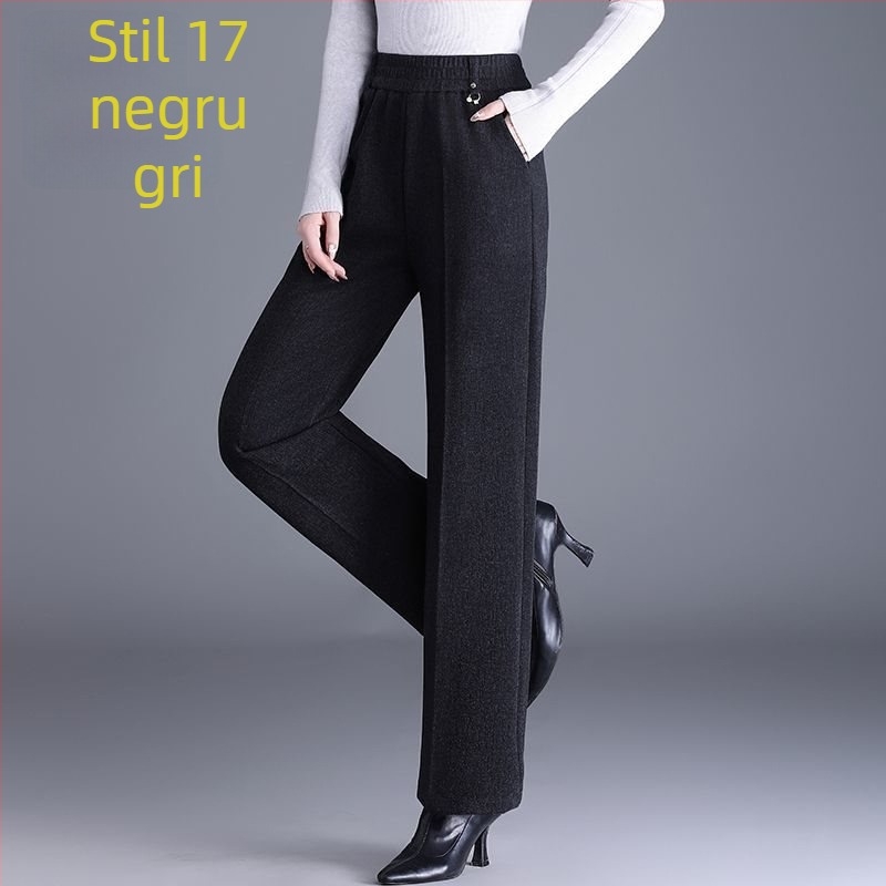 Pantaloni de damă drepți pentru toamnă-iarnă, talie înaltă, cu buzunare, țesătură țesută cu 70–80% lână, finisaj mercerizat.