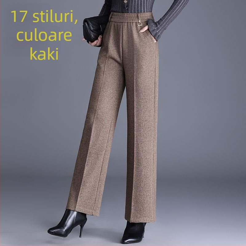 Pantaloni de damă drepți pentru toamnă-iarnă, talie înaltă, cu buzunare, țesătură țesută cu 70–80% lână, finisaj mercerizat.