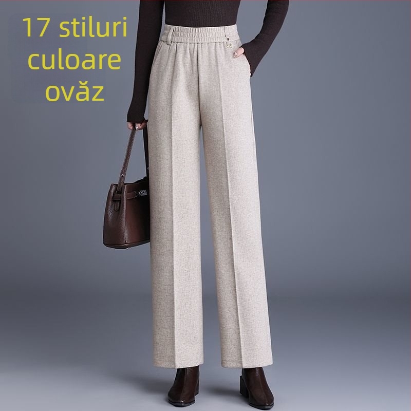Pantaloni de damă drepți pentru toamnă-iarnă, talie înaltă, cu buzunare, țesătură țesută cu 70–80% lână, finisaj mercerizat.