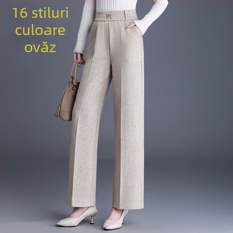 Pantaloni de damă drepți pentru toamnă-iarnă, talie înaltă, cu buzunare, țesătură țesută cu 70–80% lână, finisaj mercerizat.