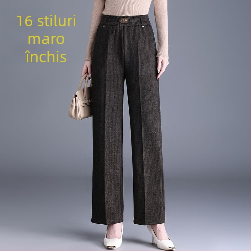 Pantaloni de damă drepți pentru toamnă-iarnă, talie înaltă, cu buzunare, țesătură țesută cu 70–80% lână, finisaj mercerizat.